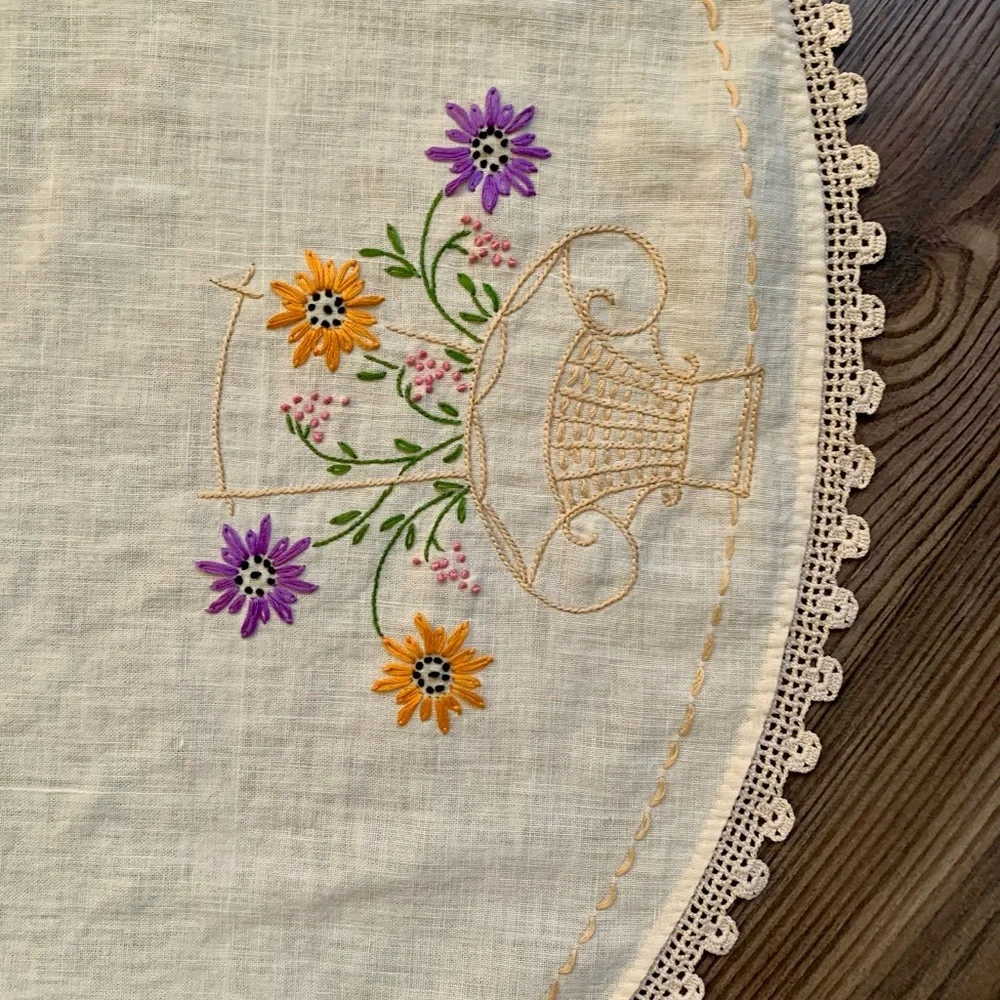 Vintage Handmade Embroidered Round Doily Crocheted Table Cloth 33”